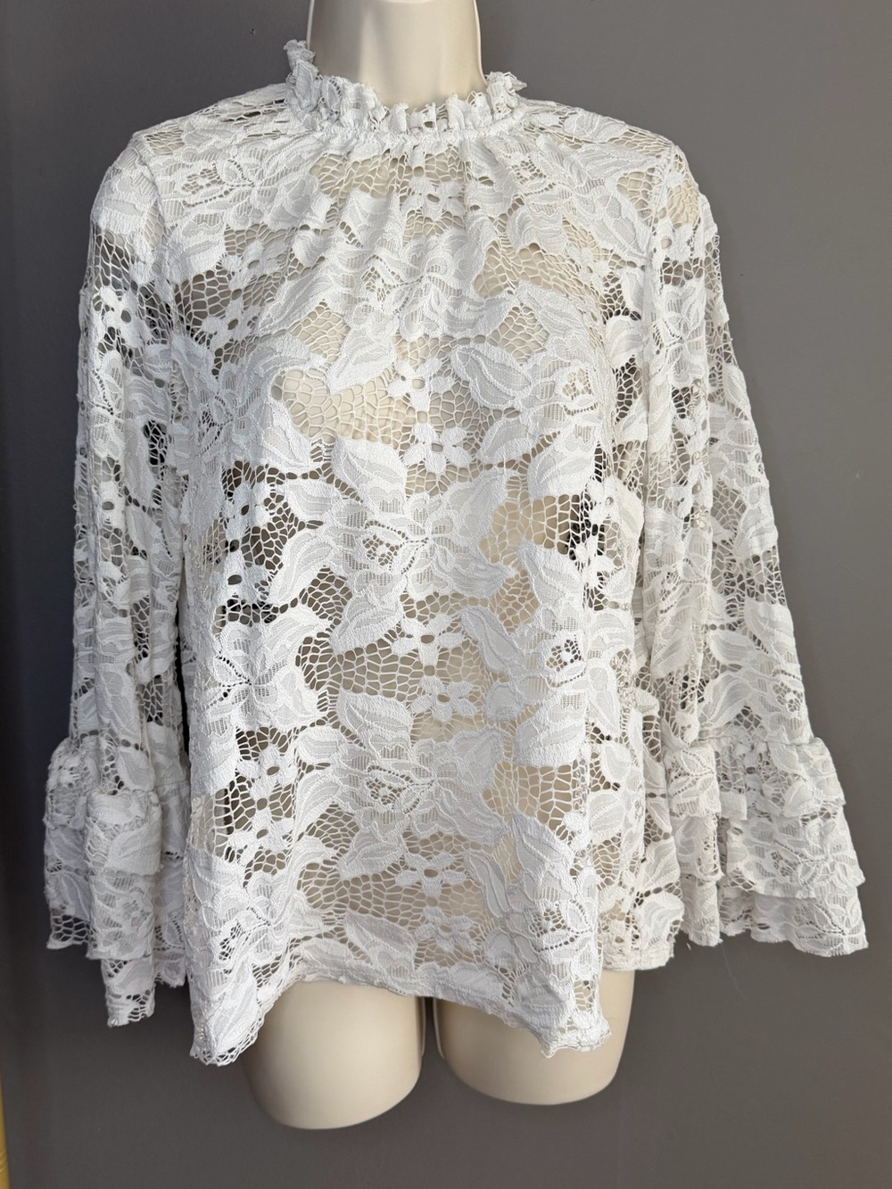 Cloud & Sky White Lace Ruffle Blouse XL Sheer Romantic Boho FP Style Bell Sleeve